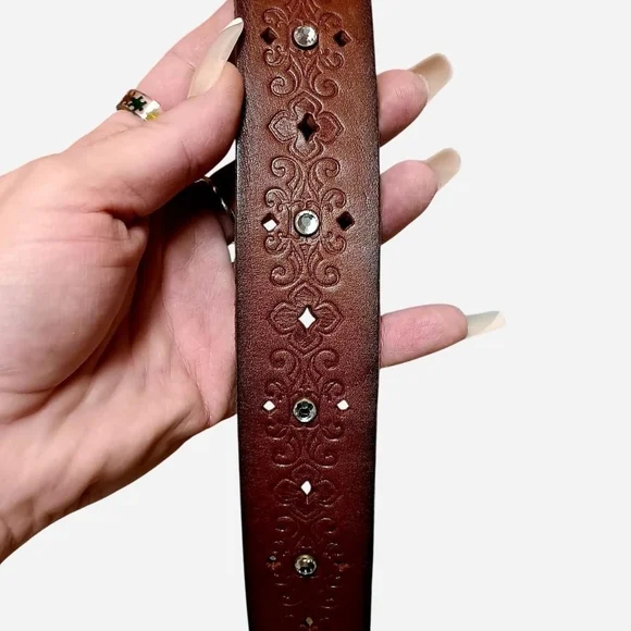 Miss Me Brown Leather Belt with Brass Jeweled Buckle - Picture 5 of 6